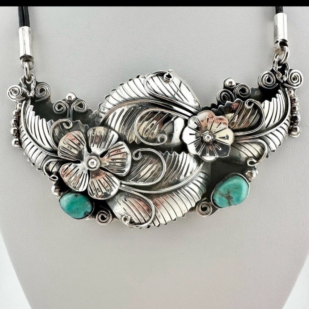 Vintage Floral Turquoise Earrings & Necklace Sterling Silver Signed Mexico C11